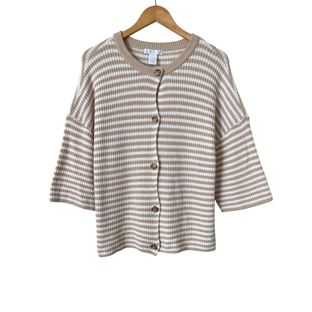 Design History Striped Cardigan Sweater Tan White Button Front Preppy Academy L